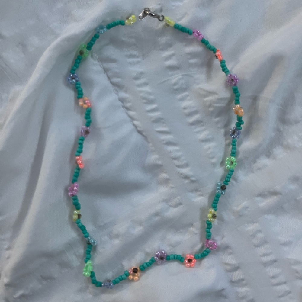 Blue Beaded Flower Necklace